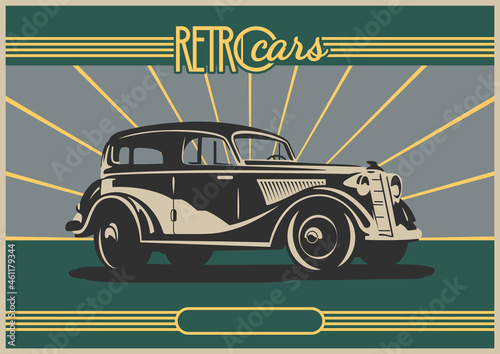 1930s Car, Retro Auto Advertising Posters Style Illustration, Retro Colors and Decoration 