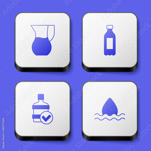 Set Jug glass with water  Bottle of  Big bottle clean and Water drop icon. White square button. Vector