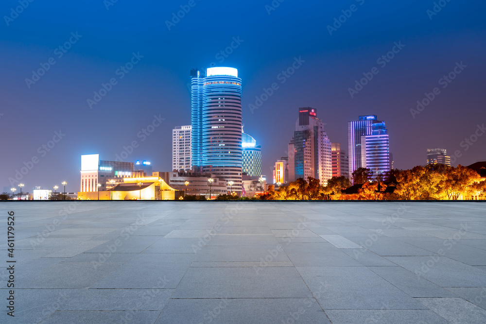 empty brick floor with city skyline background empty brick floor with city skyline background