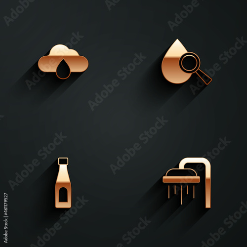 Set Cloud with rain, Drop and magnifying glass, Bottle of water and Shower icon with long shadow. Vector