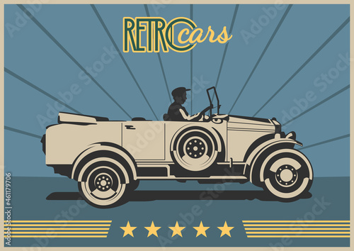 1910s, 1920s Car, Retro Auto Advertising Posters Style Illustration, Retro Colors and Decoration 