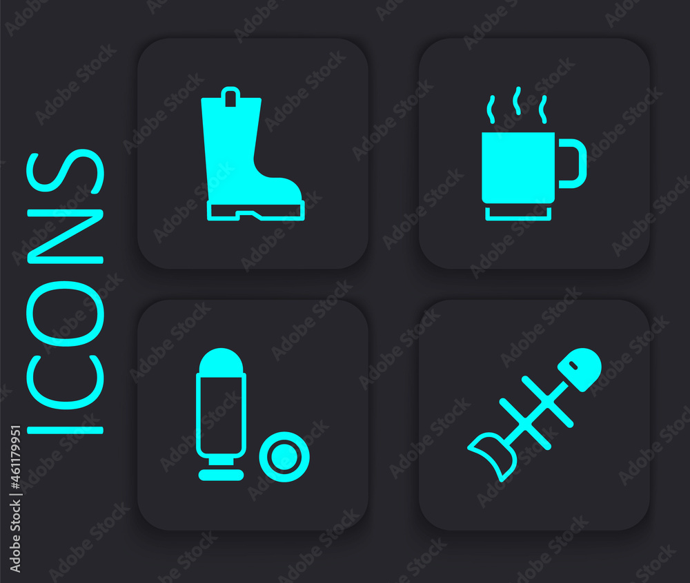 Set Dead fish, Waterproof rubber boot, Coffee cup and Bullet icon. Black square button. Vector Set Dead fish, Waterproof rubber boot, Coffee cup and Bullet icon. Black square button. Vector