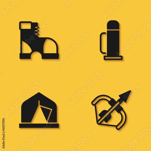 Set Hunter boots, Medieval bow and arrow, Tourist tent and Thermos container icon with long shadow. Vector