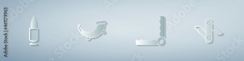 Set Bullet, Hunting horn, Trap hunting and Swiss army knife. Paper art style. Vector
