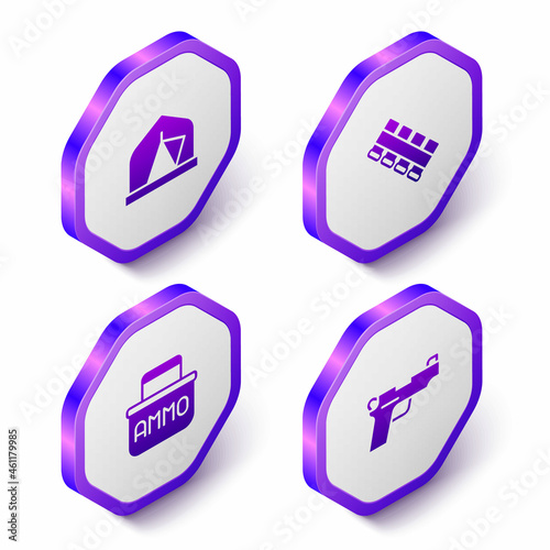 Set Isometric Tourist tent, Hunting cartridge belt, Ammunition box and Pistol or gun icon. Purple hexagon button. Vector