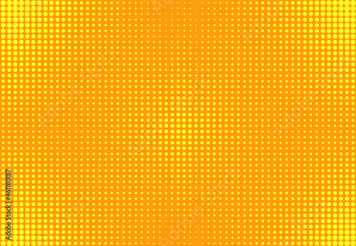 Pop art pattern. Comic halftone background. Yellow dotted texture with points. Cartoon retro texture. Geometric duotone banner with half tone effect. Vintage gradient design. Vector illustration.