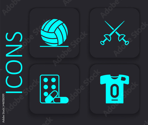 Set Football jersey and t-shirt, Volleyball, Fencing and Sports doping with dumbbell icon. Black square button. Vector