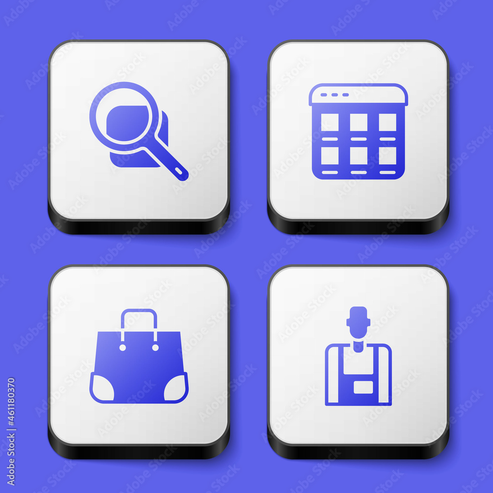 Set Magnifying glass, Online shopping on screen, Paper bag and Seller icon. White square button. Vector Set Magnifying glass, Online shopping on screen, Paper bag and Seller icon. White square button. Vector