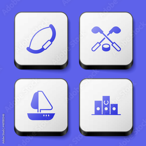 Set Medieval bow, Ice hockey sticks and puck, Yacht sailboat and Award over sports winner podium icon. White square button. Vector