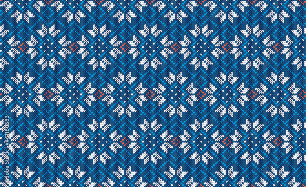 Christmas knit print. Seamless pattern. Vector. Blue knitted sweater texture. Xmas geometric background. Holiday fair isle traditional ornament. Festive pullover. Wool illustration.
