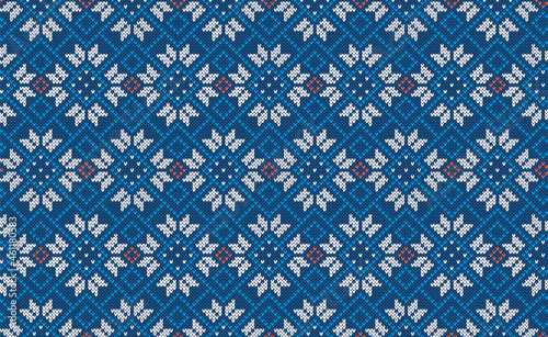 Christmas knit print. Seamless pattern. Vector. Blue knitted sweater texture. Xmas geometric background. Holiday fair isle traditional ornament. Festive pullover. Wool illustration.