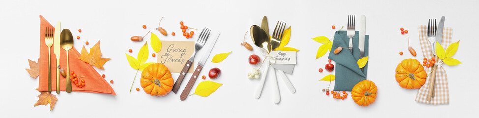 Beautiful table setting for Thanksgiving Day celebration on white background