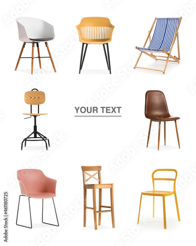 Collection of modern chairs on white background with space for text