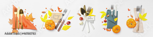 Beautiful table setting for Thanksgiving Day celebration on white background