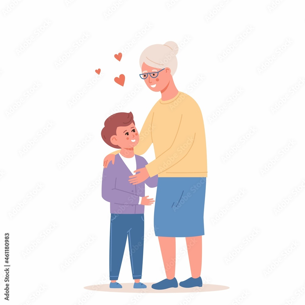 Happy little boy hugging smiling grandmother vector flat illustration. Joyful relatives enjoying meeting having positive emotion isolated. Cute family spending time together Happy little boy hugging smiling grandmother vector flat illustration. Joyful relatives enjoying meeting having positive emotion isolated. Cute family spending time together