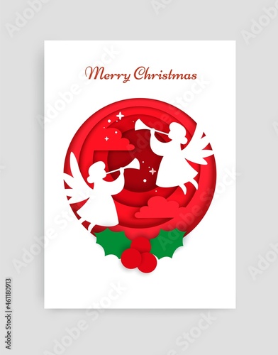 Merry Christmas card vector design template. Paper cut craft style white angel silhouettes, holly berries in circle.