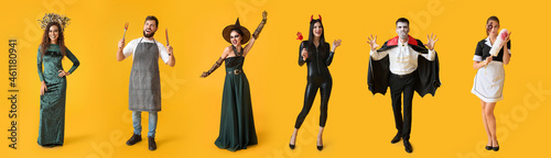 Vászonkép Beautiful young woman in Halloween costume on color background