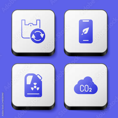 Set Shopping bag with recycle, Mobile phone leaf, Radioactive waste barrel and CO2 emissions cloud icon. White square button. Vector