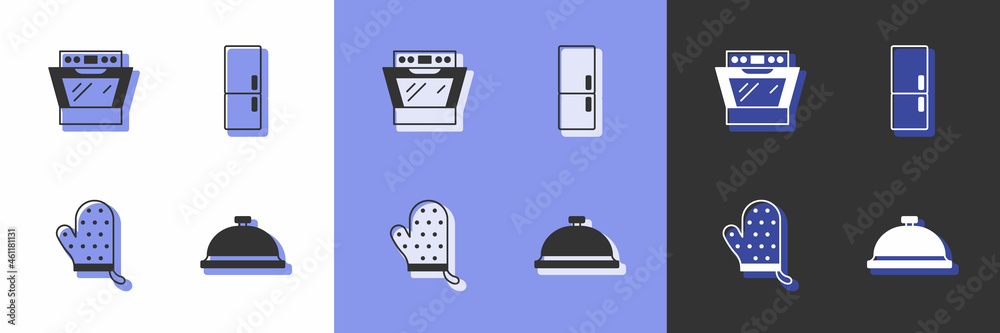 Set Covered with tray of food, Oven, glove and Refrigerator icon. Vector Set Covered with tray of food, Oven, glove and Refrigerator icon. Vector
