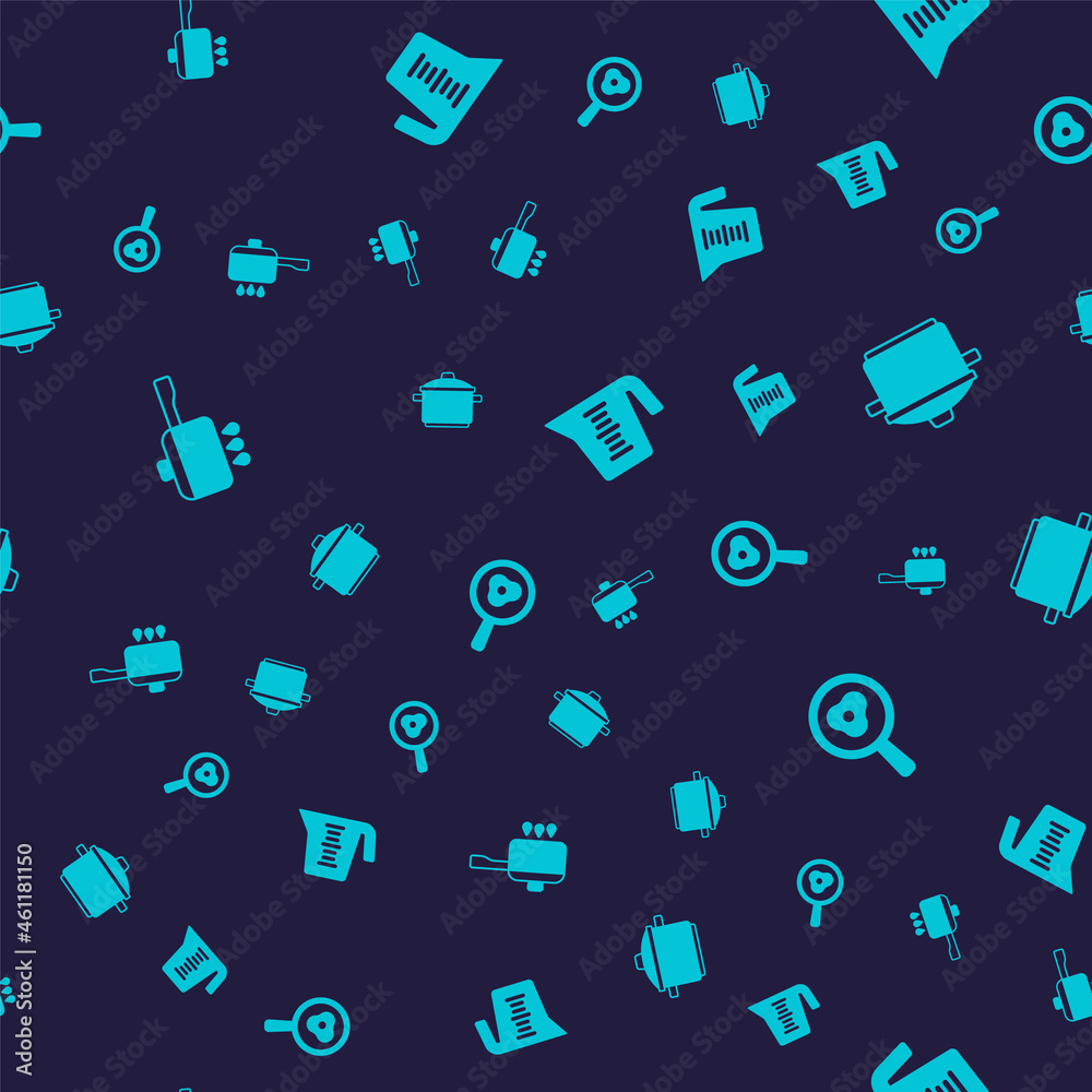 Set Cooking pot on fire, Measuring cup and Fried eggs frying pan on seamless pattern. Vector Set Cooking pot on fire, Measuring cup and Fried eggs frying pan on seamless pattern. Vector