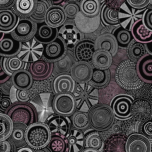 Abstract oil painting geometric seamless pattern. Different dotted pink and white circles on black background. Hand drawn ornamental Template for design  textile  wallpaper  ceramics.