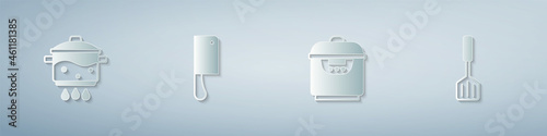 Set Cooking pot on fire, Meat chopper, Slow cooker and Spatula. Paper art style. Vector