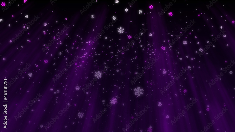 Abstract Miracle Dark Purple Shine Blurry Burst Light From The Top And Snowflakes Falling Down Background