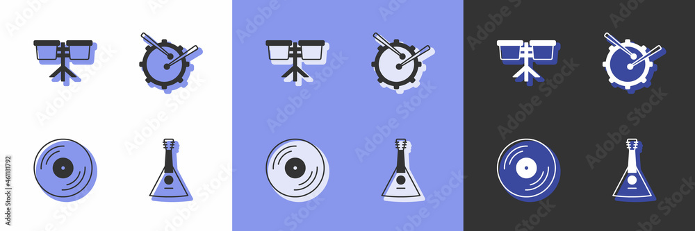 Set Balalaika, Bongo drum, Vinyl disk and Drum with sticks icon. Vector