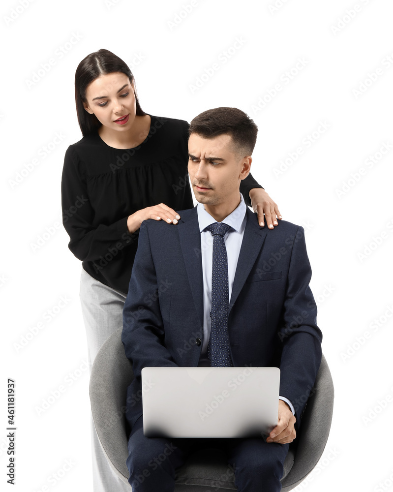 Beautiful young secretary seducing her boss on white background. Concept of harassment Beautiful young secretary seducing her boss on white background. Concept of harassment