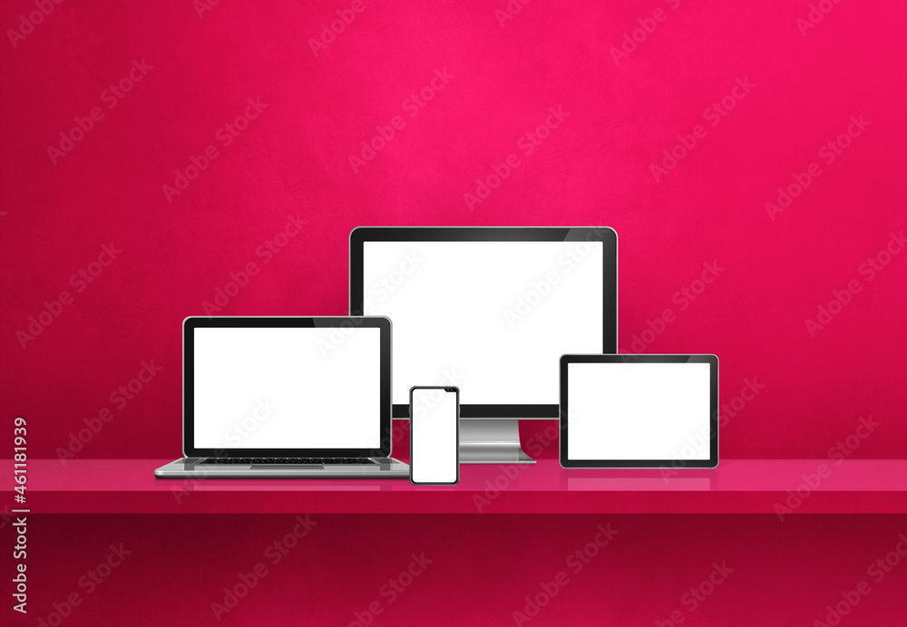 Computer, laptop, mobile phone and digital tablet pc. Pink shelf banner Computer, laptop, mobile phone and digital tablet pc. Pink shelf banner