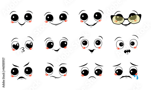 Set of faces with different emotions. Joyful and sad smiles, tears and happiness, angry, suspicious or frowning eyes.