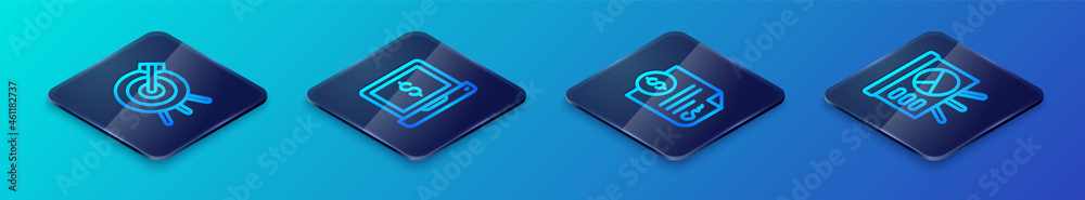 Set Isometric line Contract money, Target financial goal, Board with graph and Laptop dollar icon. Vector