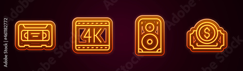 Set line VHS video cassette tape, 4k movie, Stereo speaker and Cinema ticket. Glowing neon icon. Vector