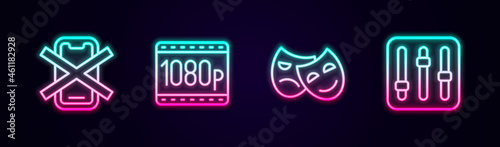 Set line No cell phone, Full HD 1080p, Comedy and tragedy masks and Sound mixer controller. Glowing neon icon. Vector