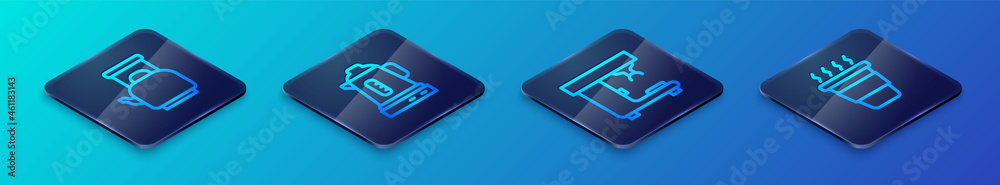 Set Isometric line Coffee machine, Kettle with handle, cup to go and Electric kettle icon. Vector Set Isometric line Coffee machine, Kettle with handle, cup to go and Electric kettle icon. Vector