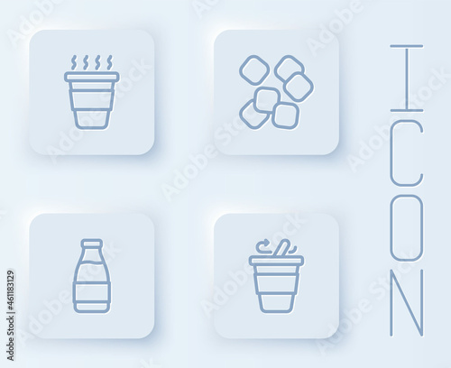 Set line Coffee cup to go, Sugar cubes, Milk bottle and . White square button. Vector