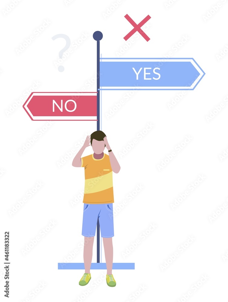 Man making life choice standing in front of direction road signs. Life changing decision, vector illustration. Man making life choice standing in front of direction road signs. Life changing decision, vector illustration.