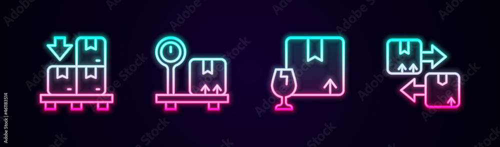 Set line Cardboard boxes on pallet, Scale with cardboard, Package fragile content and traffic symbol. Glowing neon icon. Vector Set line Cardboard boxes on pallet, Scale with cardboard, Package fragile content and traffic symbol. Glowing neon icon. Vector