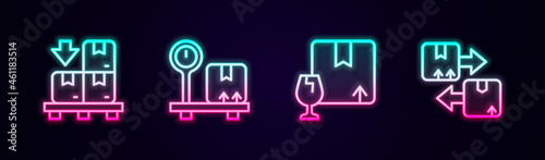 Set line Cardboard boxes on pallet, Scale with cardboard, Package fragile content and traffic symbol. Glowing neon icon. Vector © Iryna