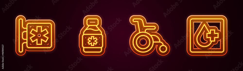 Set line Emergency - Star of Life, Bottle medicine syrup, Wheelchair for disabled person and Blood test. Glowing neon icon. Vector Set line Emergency - Star of Life, Bottle medicine syrup, Wheelchair for disabled person and Blood test. Glowing neon icon. Vector