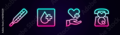 Set line Medical thermometer, Blood test, Heart with cross and Emergency call 911. Glowing neon icon. Vector