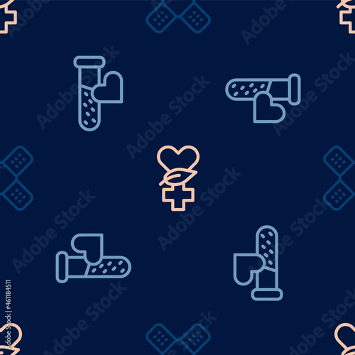 Set line Crossed bandage plaster, Test tube with blood and Ethnoscience on seamless pattern. Vector