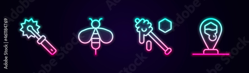 Set line Cutter roll for honey, Bee, Honey dipper stick and Honeycomb bee location. Glowing neon icon. Vector