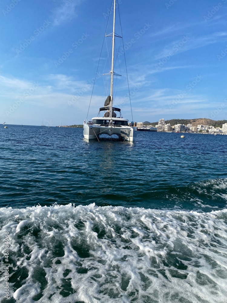 Fototapeta premium View of ocean San Antonio bay ibiza from water taxi 