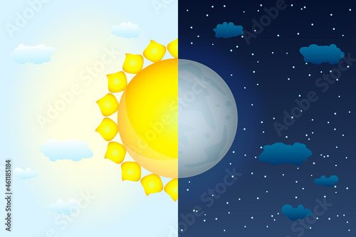 Half sun and half moon as vernal or autumnal equinox day concept. Day and night with moon and sun. Earth seasons. Weather forecast background. International Astrology Day. Stock vector illustration