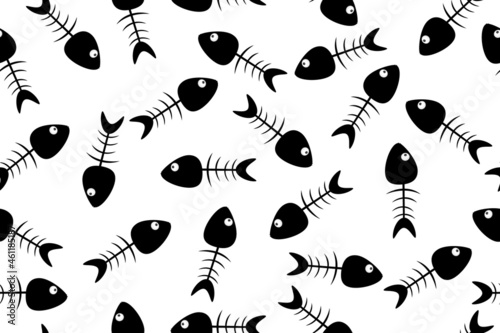 Fishbone seamless pattern isolated on white background. Repeat fish skeleton doodle print. Fish bone black silhouette simple design. Cat food. Swims underwater. Organic waste mark. Stock ector illustr