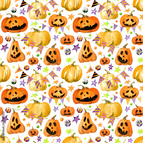 Watercolor seamless pattern. Halloween scary and smiling pumpkins, sweets and garland, isolated on a white background.