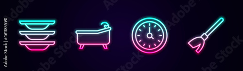 Set line Washing dishes, Bathtub, Clock and Handle broom. Glowing neon icon. Vector
