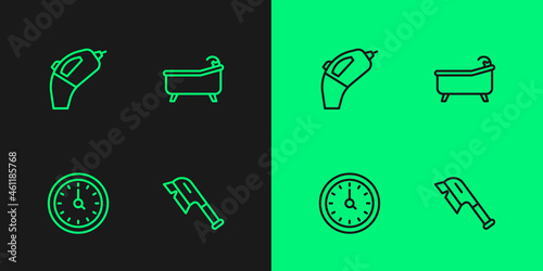 Set line Brush for cleaning, Clock, Portable vacuum cleaner and Bathtub icon. Vector