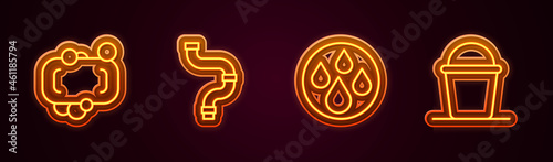 Set line Bar of soap, Industry metallic pipe, Water drop and Bucket. Glowing neon icon. Vector